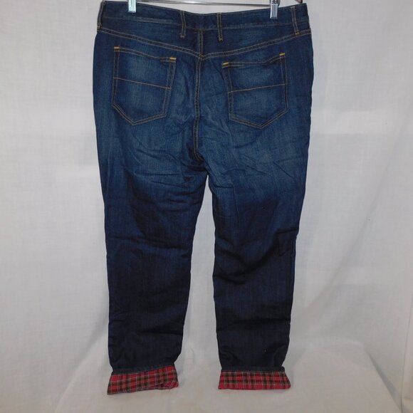 Eddie Bauer Womens 14 Relaxed Boyfriend Red Plaid Flannel Lined dark wash Jeans - Picture 9 of 11